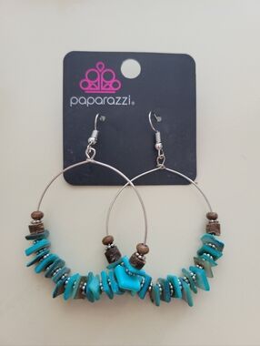 Paparazzi Turquoise Chip & Brown Accent Hoop Earrings